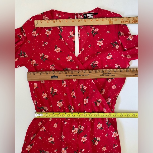 H&M Kimono Romper Womens Red Floral Print V Neck Long Bell Sleeve Open Back - Picture 2 of 8